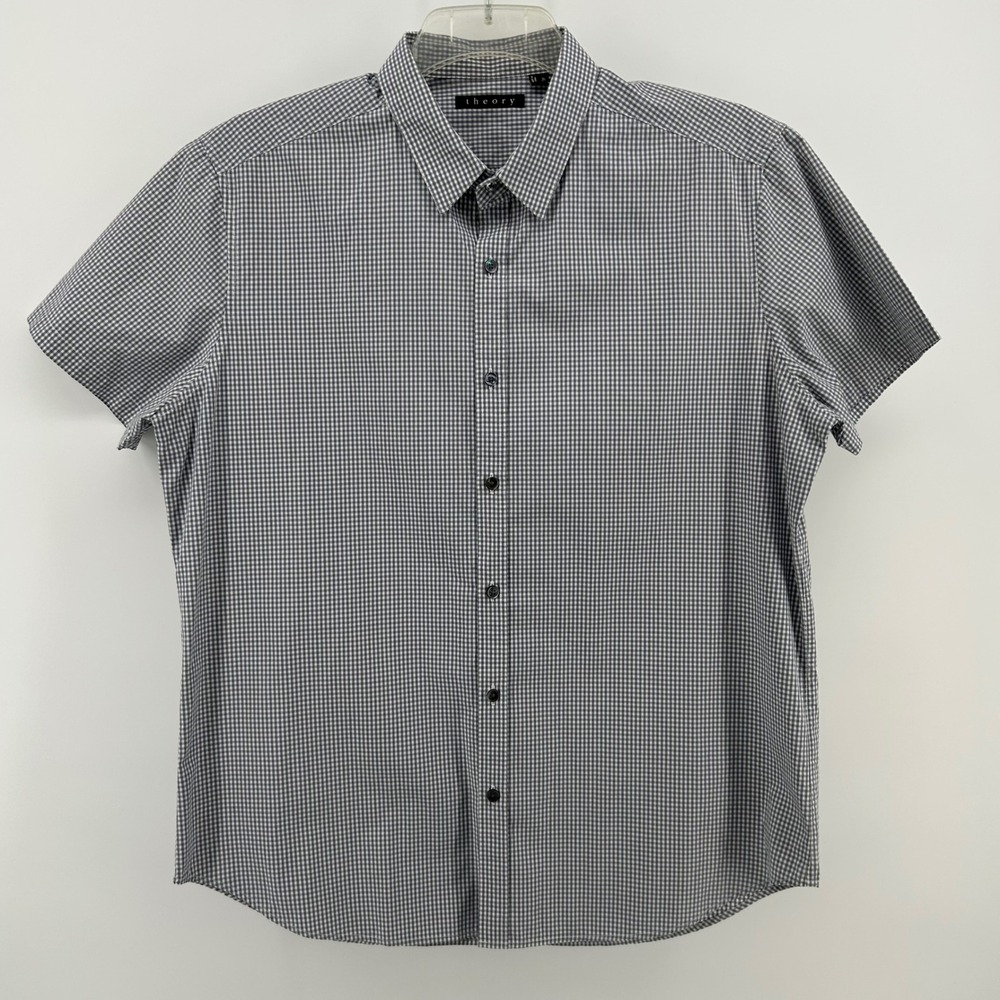 Theory Men's Zack Gingham Short Sleeve Button Down Size XL Gray Cotton